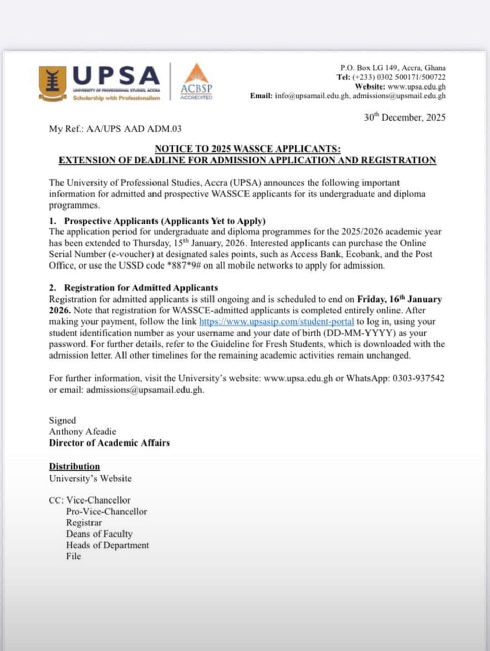 Notice to 2025 WASSCE applicants
